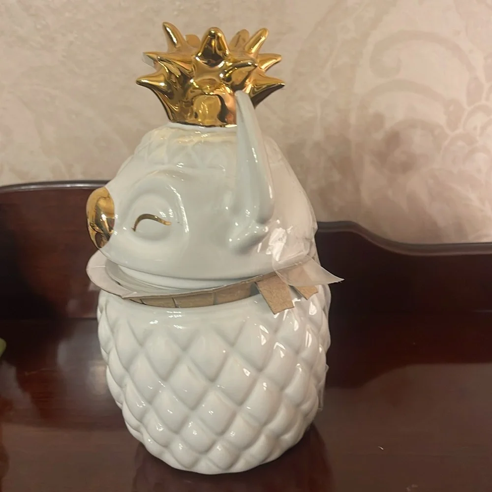 White and Gold Pineapple Ceramic Jar- stitch candle from Disneyland